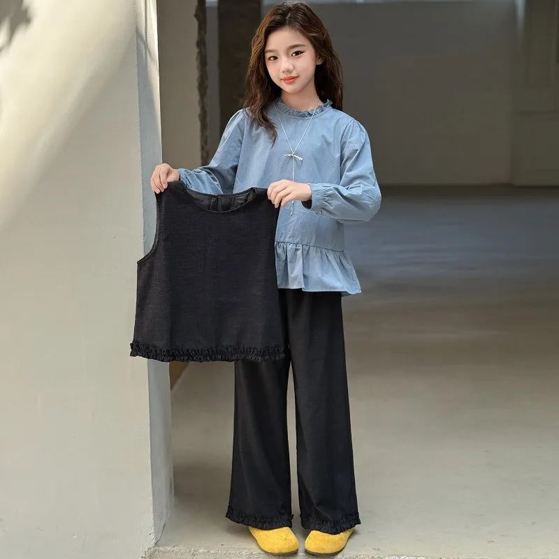 Back To School Clothing for Girls Outfits Set Toddler Kids Vest +Blue Shirt + Pants 3pcs Teens Kids Costumes Spring Autumn 2025