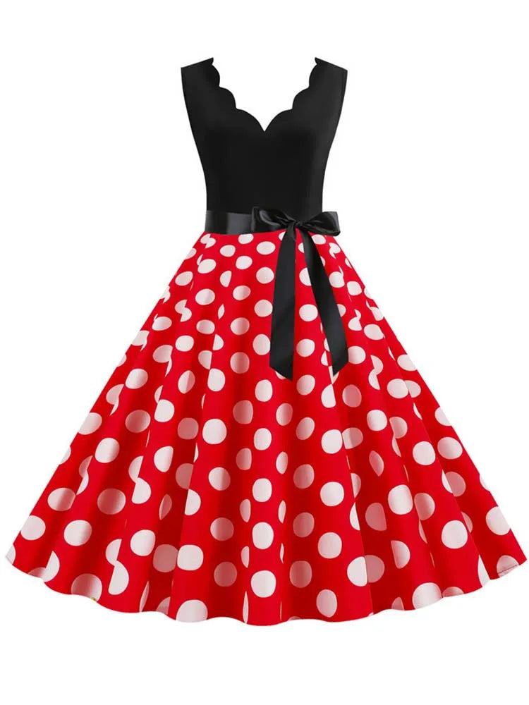 Women Dot Print Dress Summer Sexy V-neck Sleeveless Elegant Vintgae Party Dress Vestidos  S~3XL Robe Femme