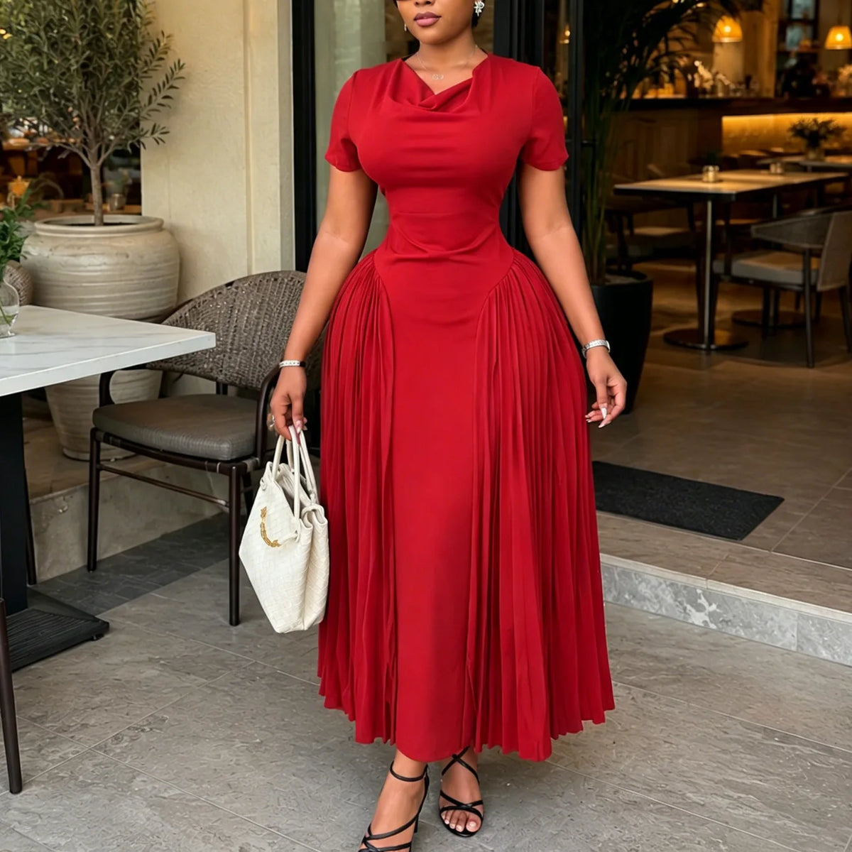 Vestido De Noche Elegante Mujer Sleeveless Round Neck Vest Long Pleated Dress Spring Summer Womens New Solid Color Evening Dress