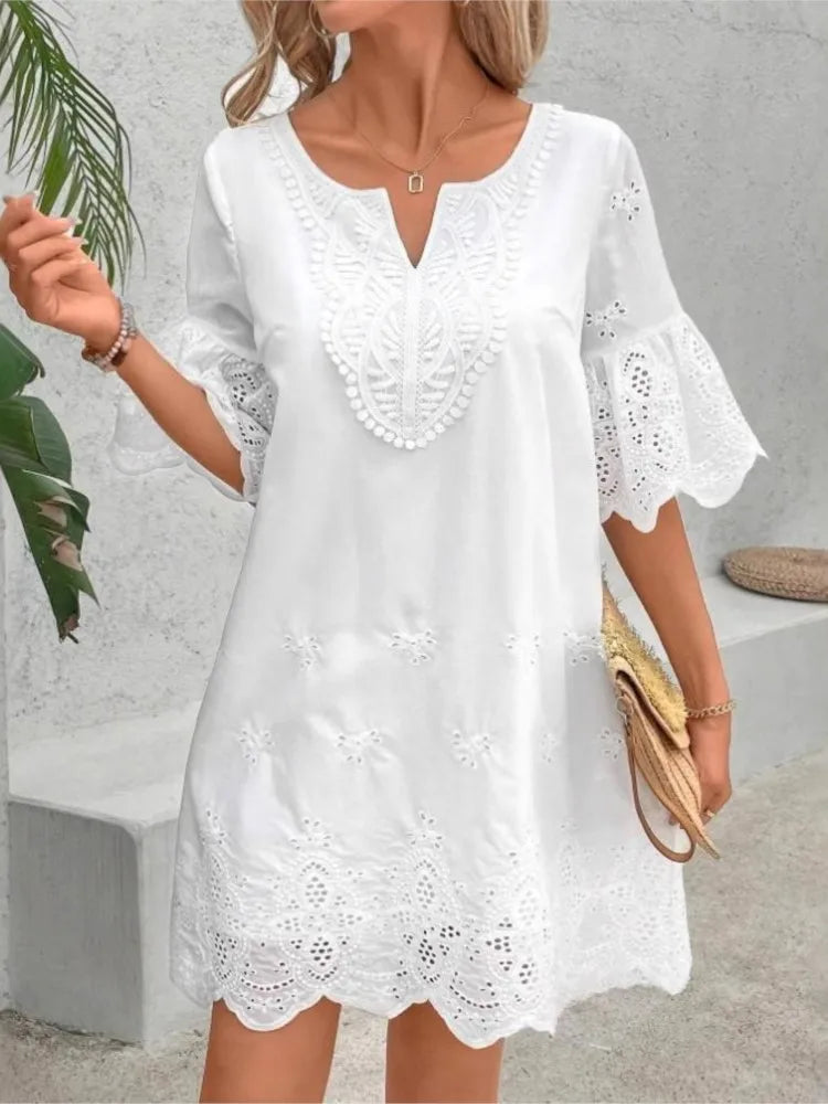 Fashion Casual Lace V-neck Short Sleeve Dress New Hollow Out Elegant Casual White Office Holiday Party Dresses Robe Femme Summer