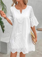 Fashion Casual Lace V-neck Short Sleeve Dress New Hollow Out Elegant Casual White Office Holiday Party Dresses Robe Femme Summer