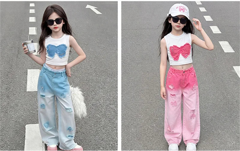 Teenage Girls Clothing Sets Hot Deals Bow Crop Top+Hole Wide Leg Jeans with Butterfly 2Pcs Fashion Gradient Child Clothes Suits