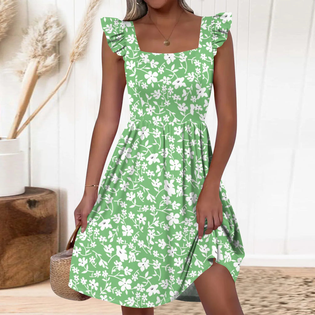 Women's Clothing Hot-selling Square Collar Sweet Floral Print Ruffled Knee-length Beach Skirt