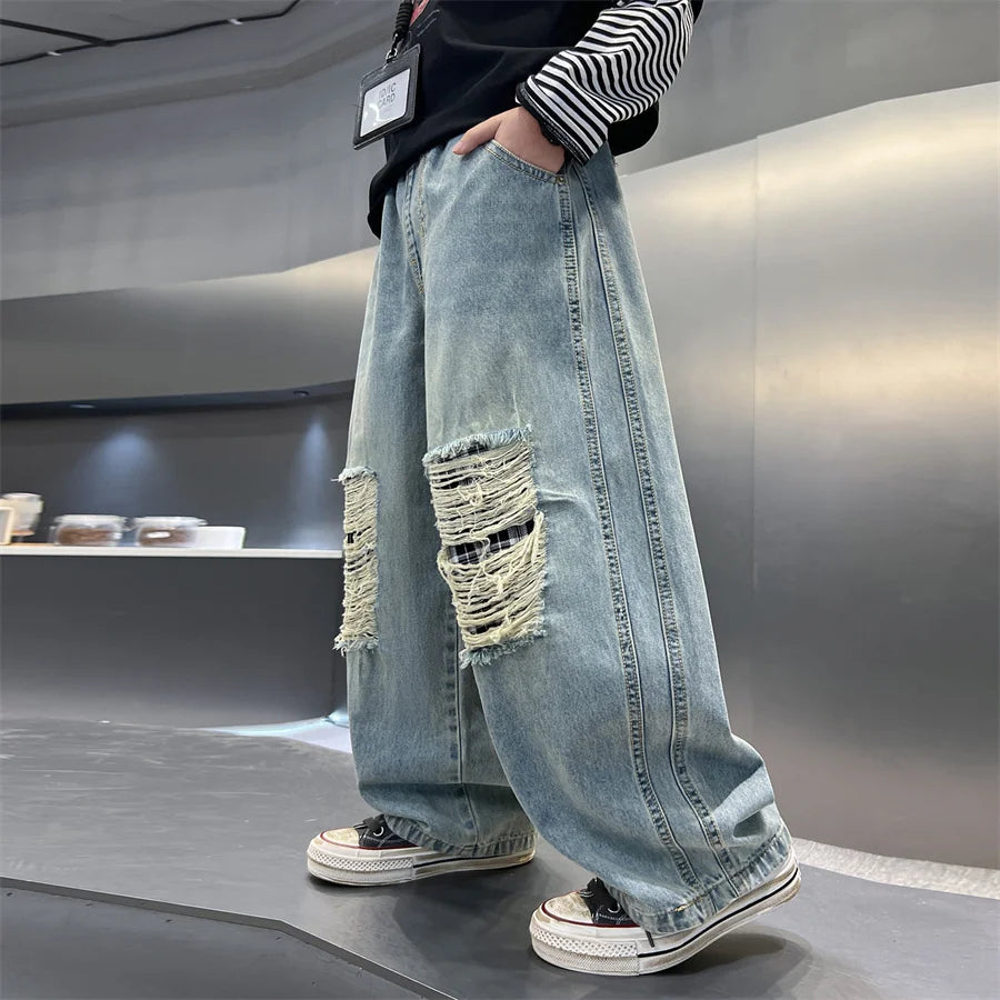 Distressed Designer Kids Desroyed Ripped Jeans Trousers with Holes On Knee for Boys Casual Broken Denim Pants 5 6 8 9 10 12 14 Y