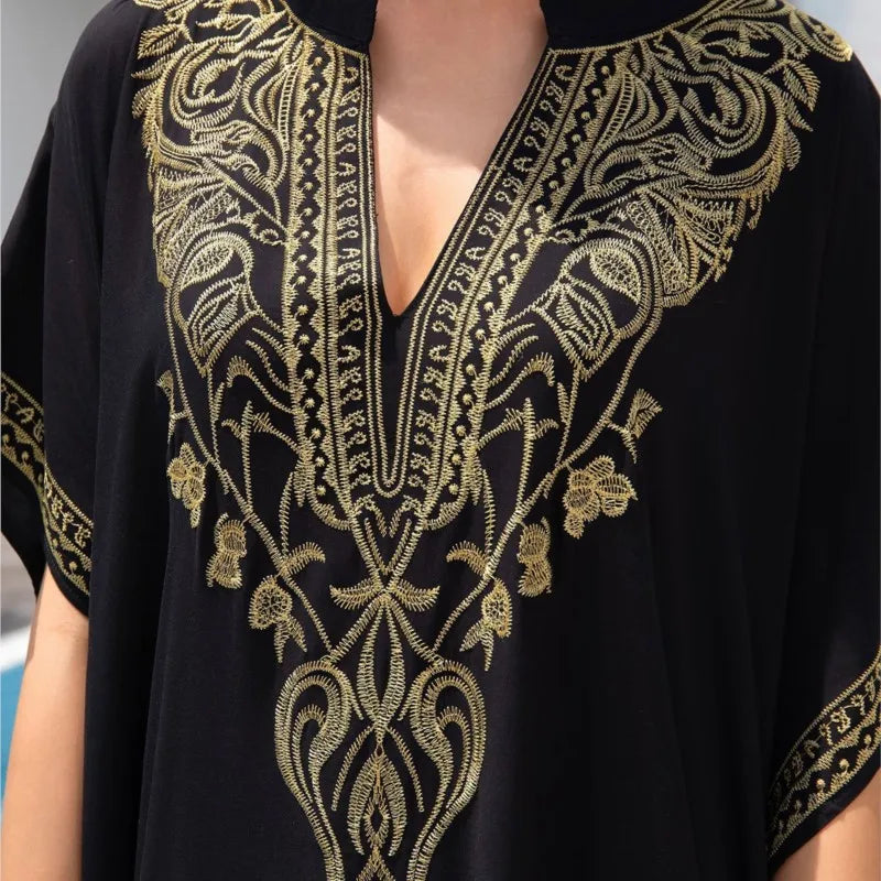 Boho Dress Women's Fashion Cotton Embroidered Beach Sun Protection Dresses For Women Loose Robe Bikini Swimsuit Outer Blouse