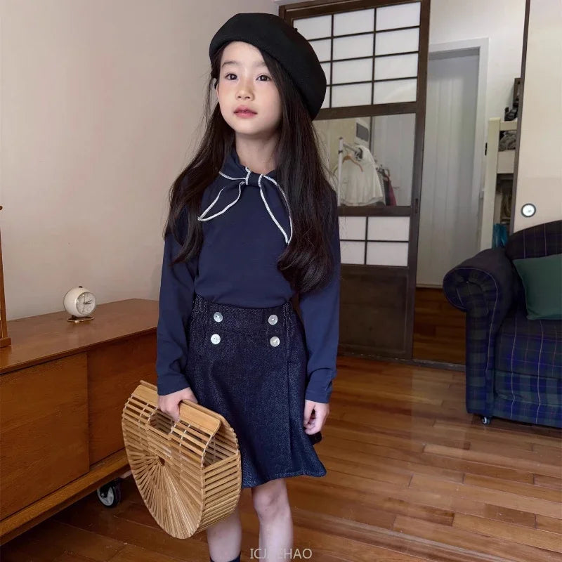Teen Girl Clothes Children  Waist Shell Button Denim Skirt and Top Kids Versatile Casual Outfits Costumes Vintage Girls Elastic