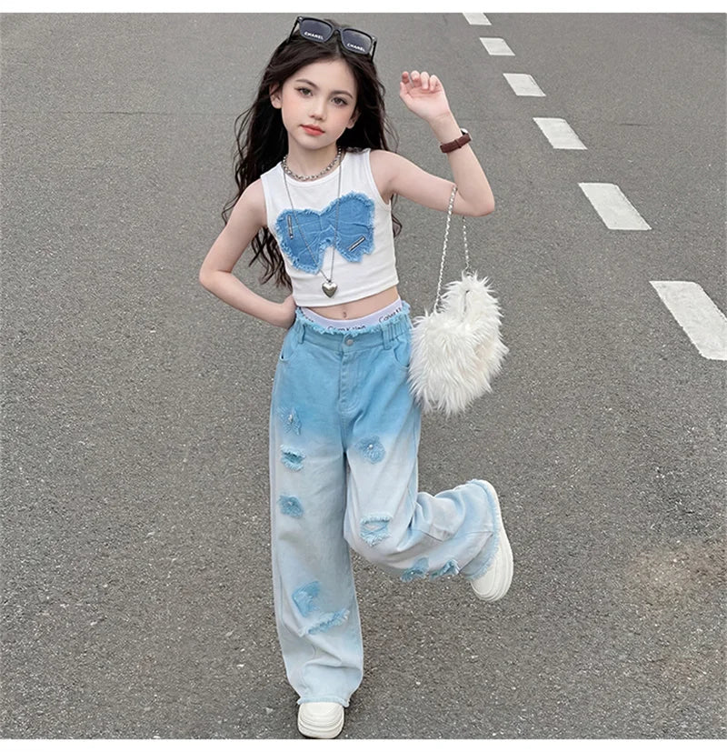Teenage Girls Clothing Sets Hot Deals Bow Crop Top+Hole Wide Leg Jeans with Butterfly 2Pcs Fashion Gradient Child Clothes Suits