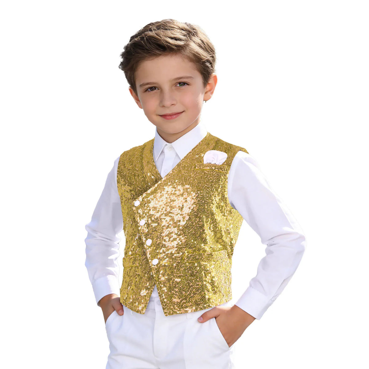 Kids Boys Glittery Sequin Waistcoat Fashion Childs Button-down Vest Tank Top for Birthday Party Prom Dance Wedding Costume Vests