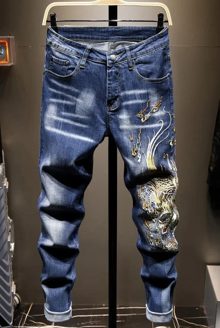 Jean imprimé homme 90s – Coupe ample streetwear noir ou bleu