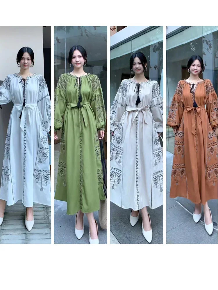 European Retro Ethnic Style Dress for Women in Spring and Autumn, Embroidered Lace Up Lantern Sleeves, Waist Cinching Long Skirt