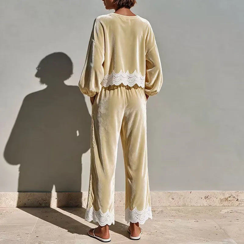 Round Neck Velvet Set Women Balloon Long Sleeve Scallop Lace Hem Top & Wide Leg Pants Suit Elegant Casual Holiday 2 Piece Outfit