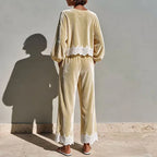 Round Neck Velvet Set Women Balloon Long Sleeve Scallop Lace Hem Top & Wide Leg Pants Suit Elegant Casual Holiday 2 Piece Outfit