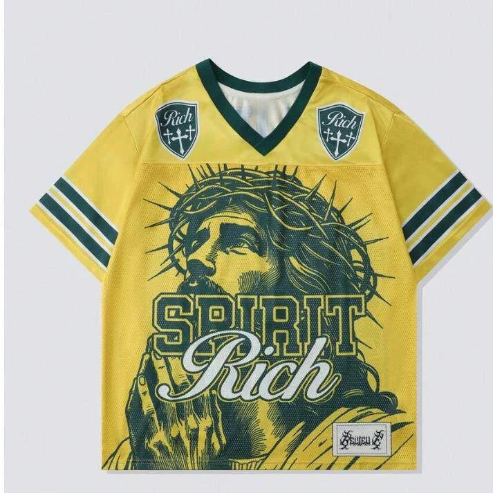 American Retro Jersey Style Digital Printed Short Sleeved Breathable Loose V-neck T-shirt Unisex High Street Top