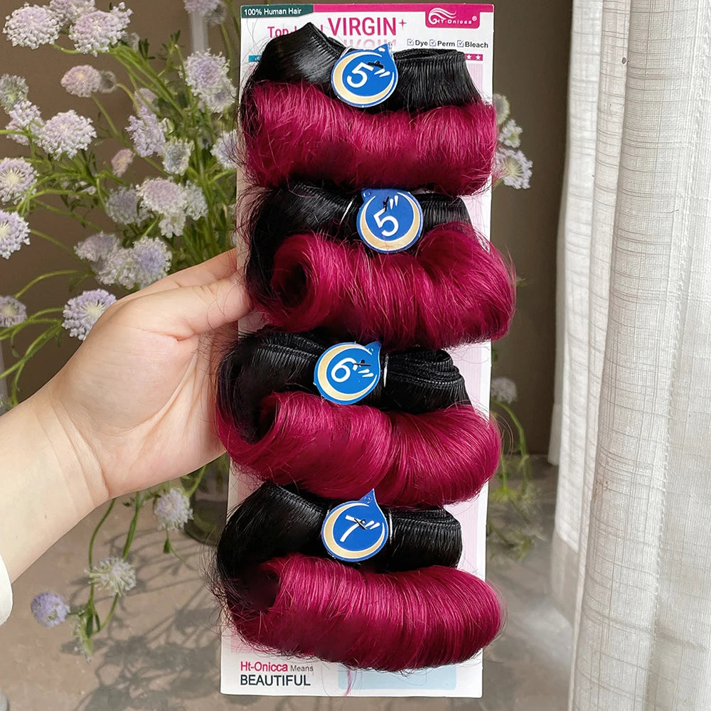 Indian Bouncy Curl 100% Human Hair 4 Bundles Deal Burgundy Curly Bundles For Women Short Raw Human Hair Extensions