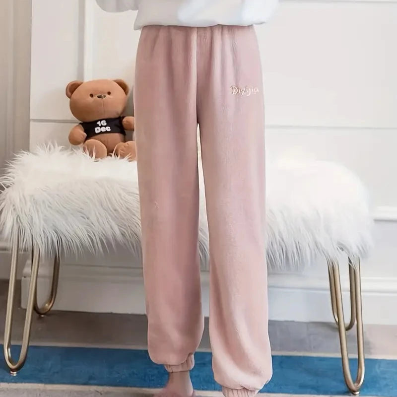 Winter Plush Pajama Pants for Women Soft Fleece Lined Thermal Lounge Wear Warm Elastic Waist Sleep Pants Cozy Home Clothing