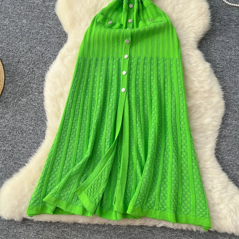 Fashion Knitted Dress Summer Clothes Women Sleeveless Single Breasted Bodycon Long Dresses Vacation Holiday Knitting Dress Robes