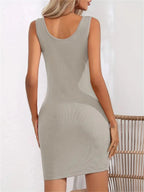 Fashion Solid U Neck Sleeveless  Flattering Bag Hip Bodycon Dress For Women Embracing Design Perfect for Casual & Party Style