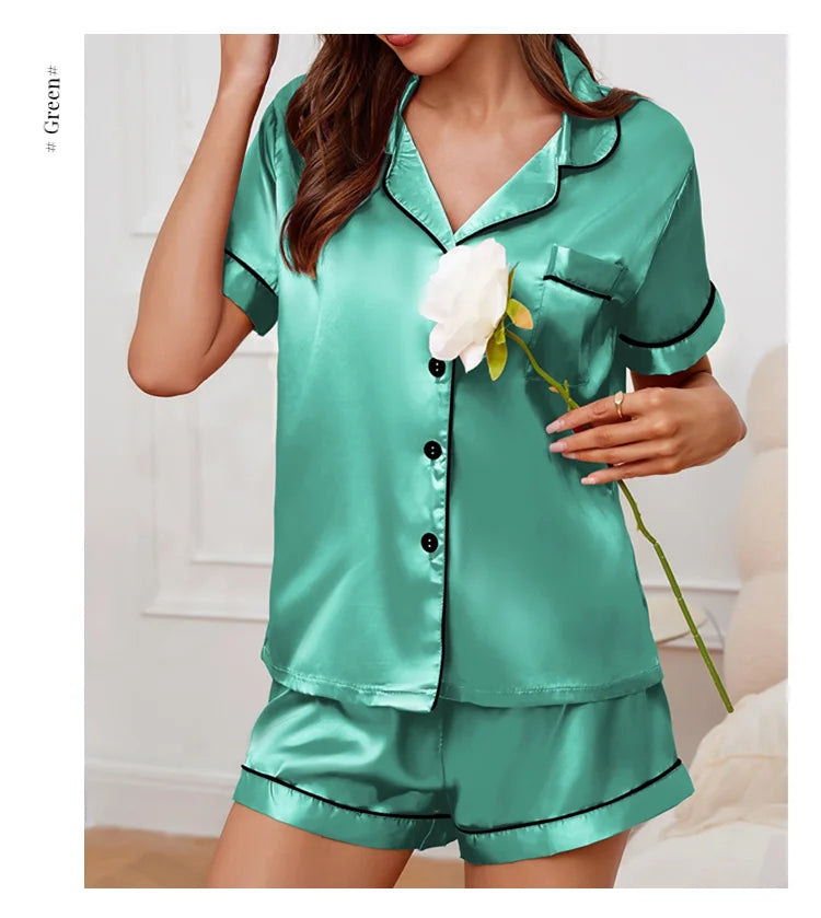 Elegant Satin Solid Pajamas Set Short Sleeve Lapel Buttons Top And Shorts Breathable Fabric Skin-Friendly Fit Women's Sleepwear