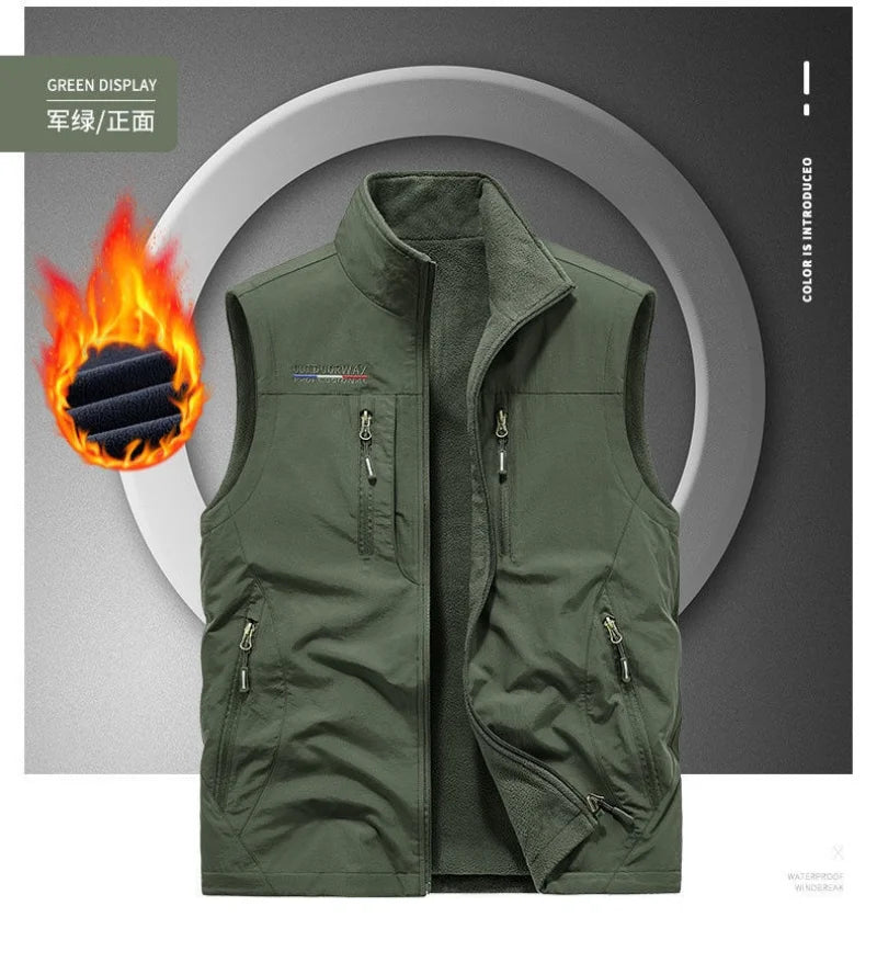 Men's Thickened Double-Sided Fleece Vest for Outdoor Sports Warm Comfortable Fleece Jacket Attached Multipurpose Vest