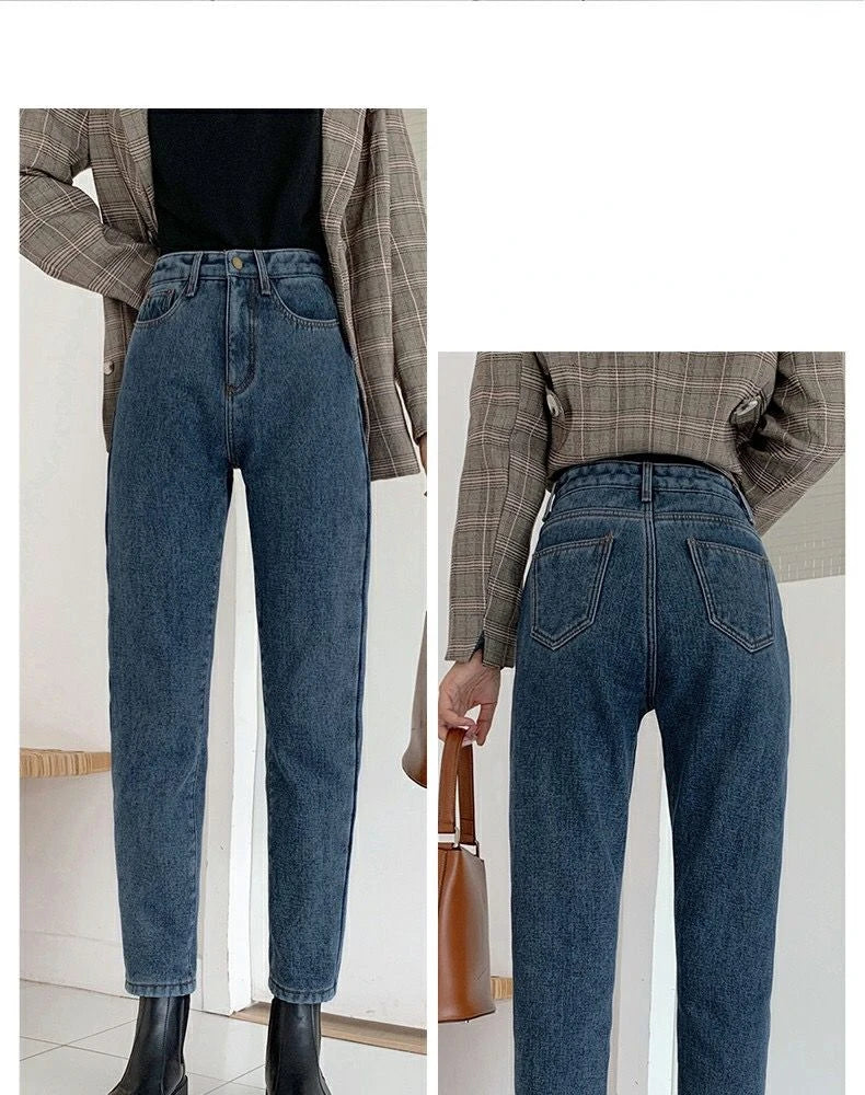 Velvet Thickened New Jeans Female Straight Pants Loose 2023 Winter Korean High-waisted Outside Wearing Warm Harun Pants