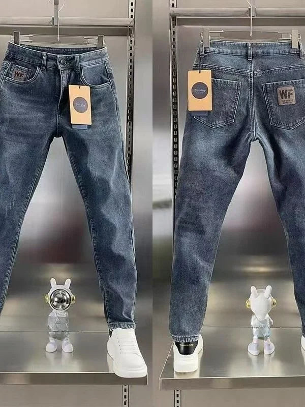 Thick Jeans Men's Slim Fit Spring Autumn Winter Casual Long Pants Cotton Stretch Denim mid Waist Zipper Closure Wear Resistant