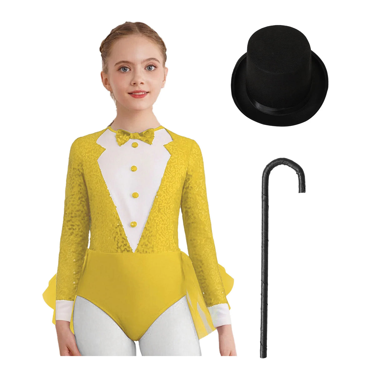 Kids Girls Majorette Leotards Showman Jazz Dance Costume Magician Outfit Tuxedos Bodysuit with Hat And Crutch Sequins Leotard