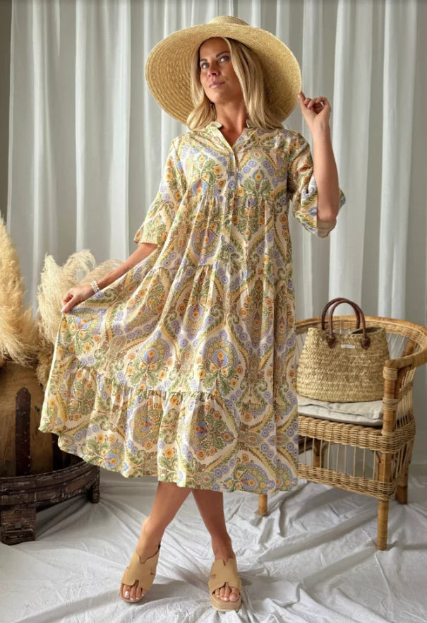 New Plus Size Women Boho Paisley Print Shirt Dress, Casual Flowy Ruffle Hem Long Dress for Summer Vacation Daily Wear