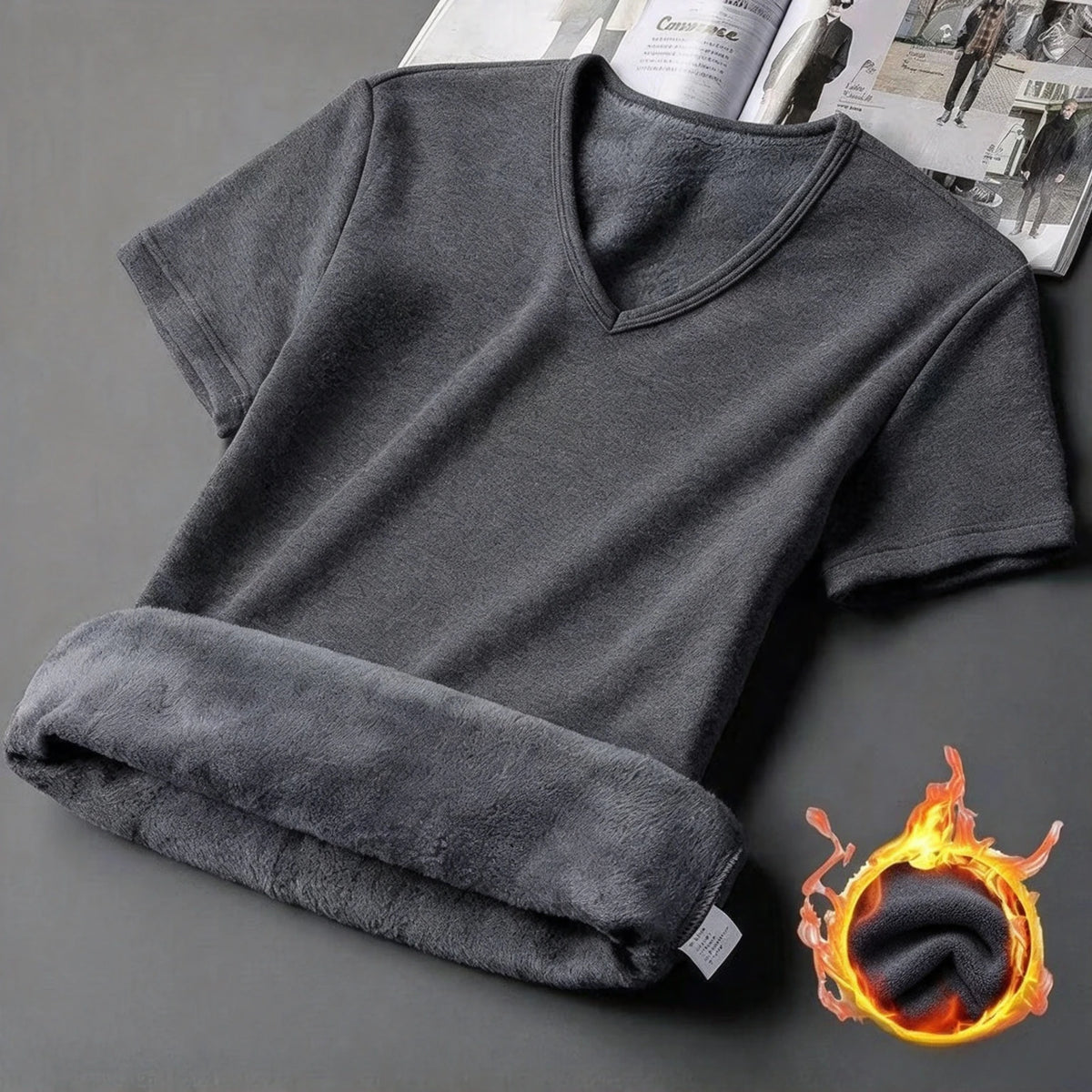 Men Thermal Velvet Shirt Short Sleeve V-Neck Base Shirt Autumn/Winter Thickened Warm Underwear Fleece Lined Slim Half Sleeve Top