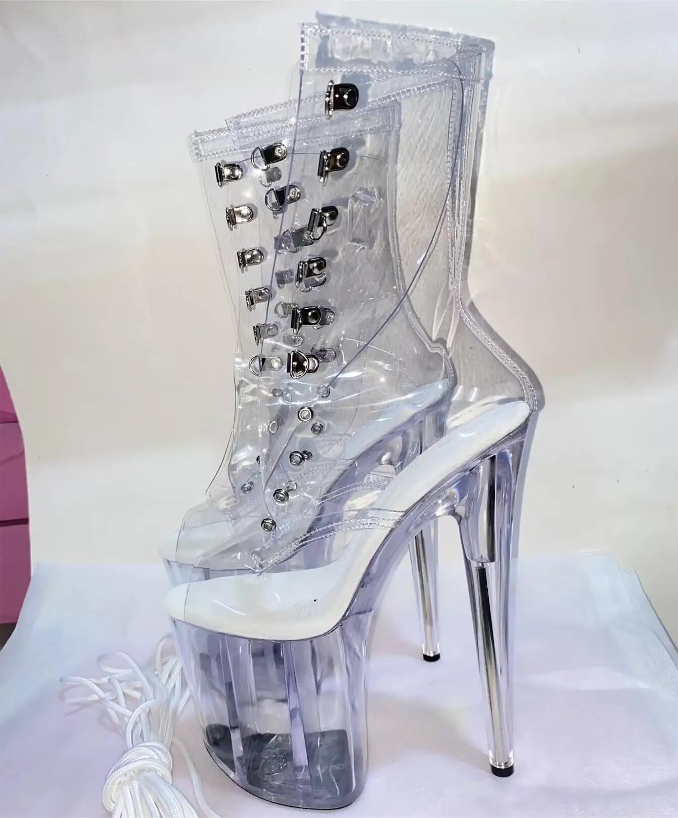 Bottines Pole Dance Transparentes Talon 17-20cm – Plateforme Laçage Scène