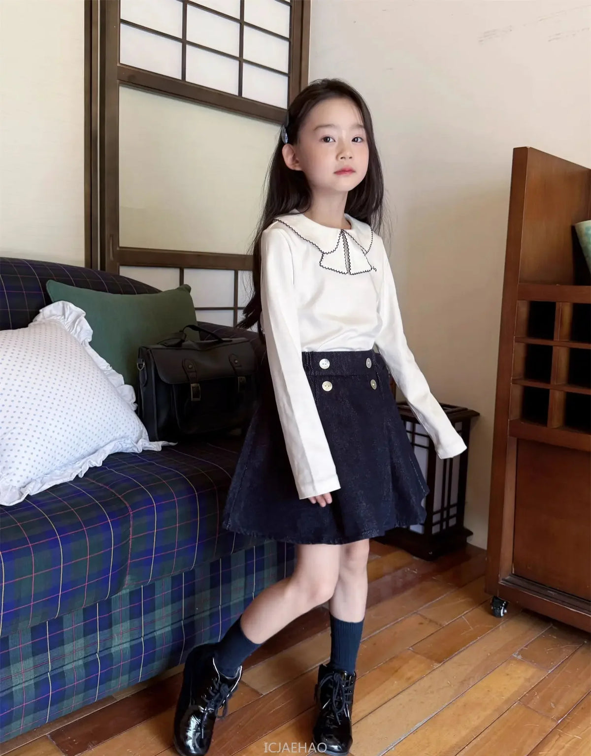 Teen Girl Clothes Children  Waist Shell Button Denim Skirt and Top Kids Versatile Casual Outfits Costumes Vintage Girls Elastic