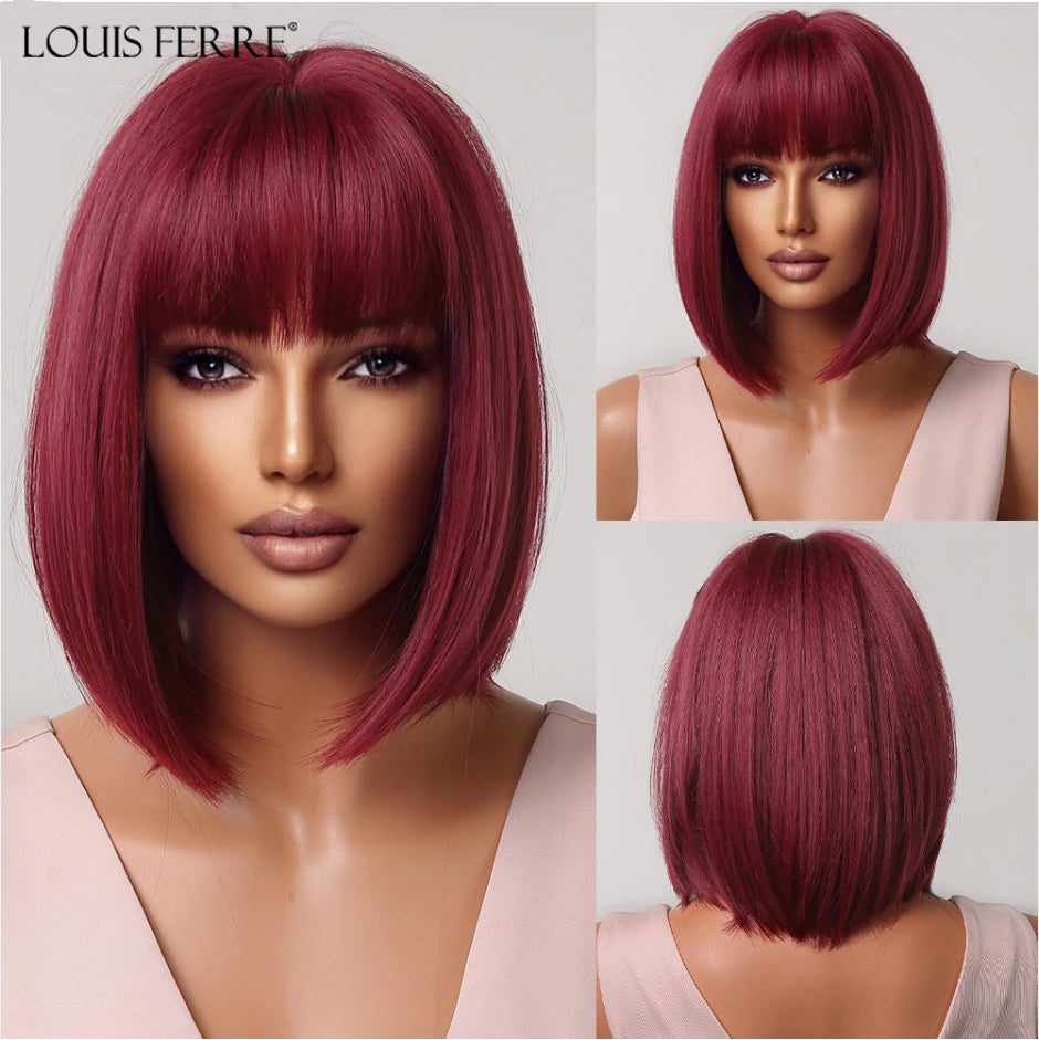 LOUIS FERRE Short Blonde Highlight Brown Bobo Wigs For Women Daily Cosplay Natural Straight Wig High Temperature Synthetic Wigs