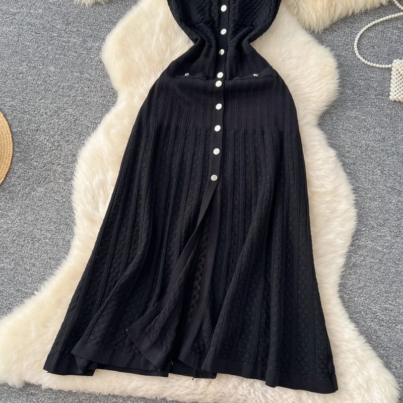 Fashion Knitted Dress Summer Clothes Women Sleeveless Single Breasted Bodycon Long Dresses Vacation Holiday Knitting Dress Robes