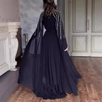 Women Robe Dress Hot Drills Long Shawl Sleeves Chiffon Party Middle