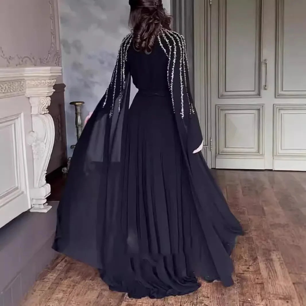 Women Robe Dress Hot Drills Long Shawl Sleeves Chiffon Party Middle East Big Swing Lady Elegant Banquet New Maxi Clothing