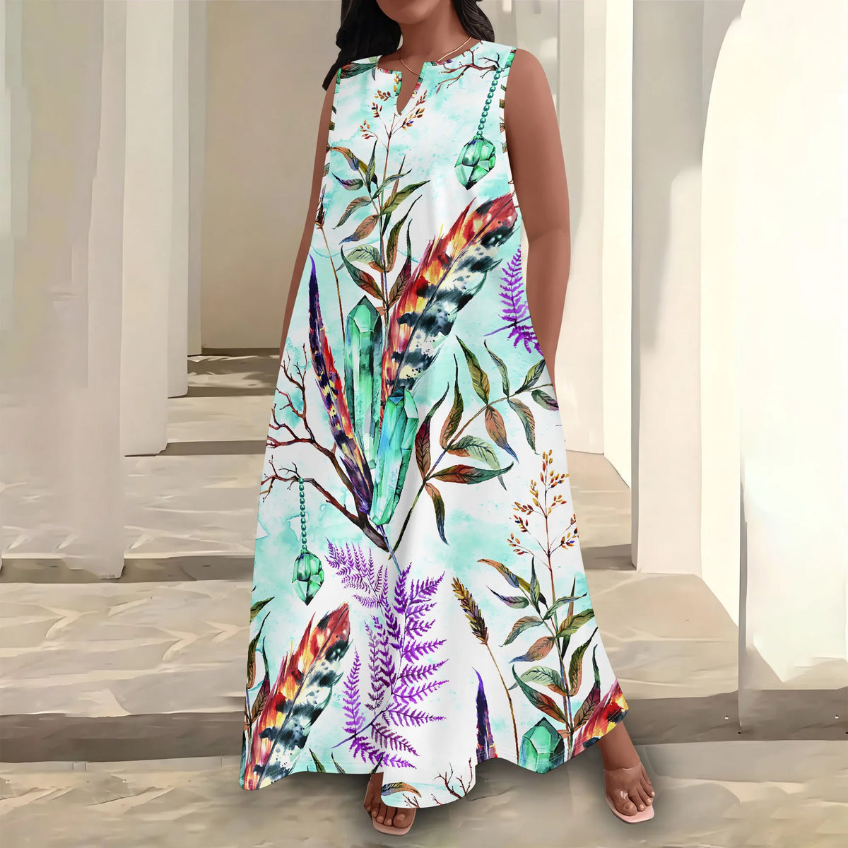 Plus Size Women's  Summerl Fashion Printed  African Style Sleeveless Round V Neck Dress Loose And Casual Dress