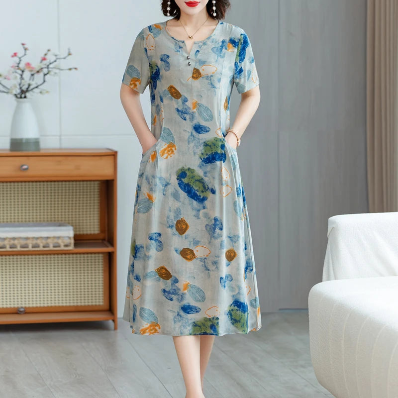 New Hot Fashion 2025 Casual Print Women Summer Dresses For Women Clothing Cotton Vintage Dress Plus Size