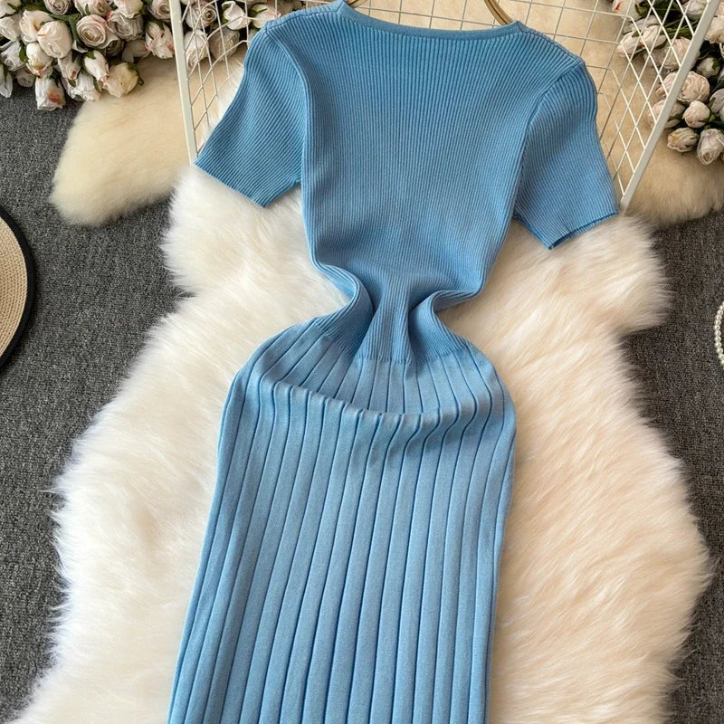 Elegant Knitted Long Dress Women Summer V Neck Single Breatsed Short Sleelve Bodycon Dresses Fashion Party Office Lady Vestidos