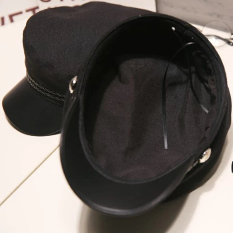 Fashion Vintage Beret Unisex PU Leather Caps Spring Autumn Sailor Hats for Women Men Black Flat Top Captain Cap Travel Cadet Hat