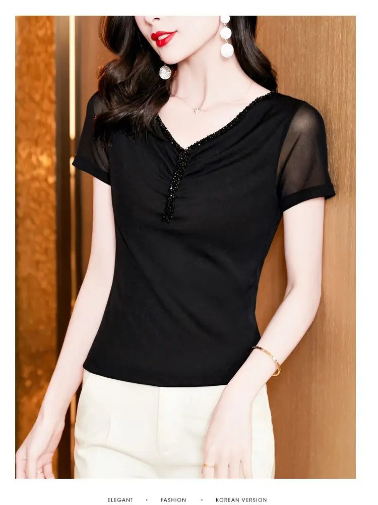 Women Fashion Diamonds V-neck Short Sleeve T-shirts Tops Girls High Stretchy Sheath Mesh Tee Shirts For Woman