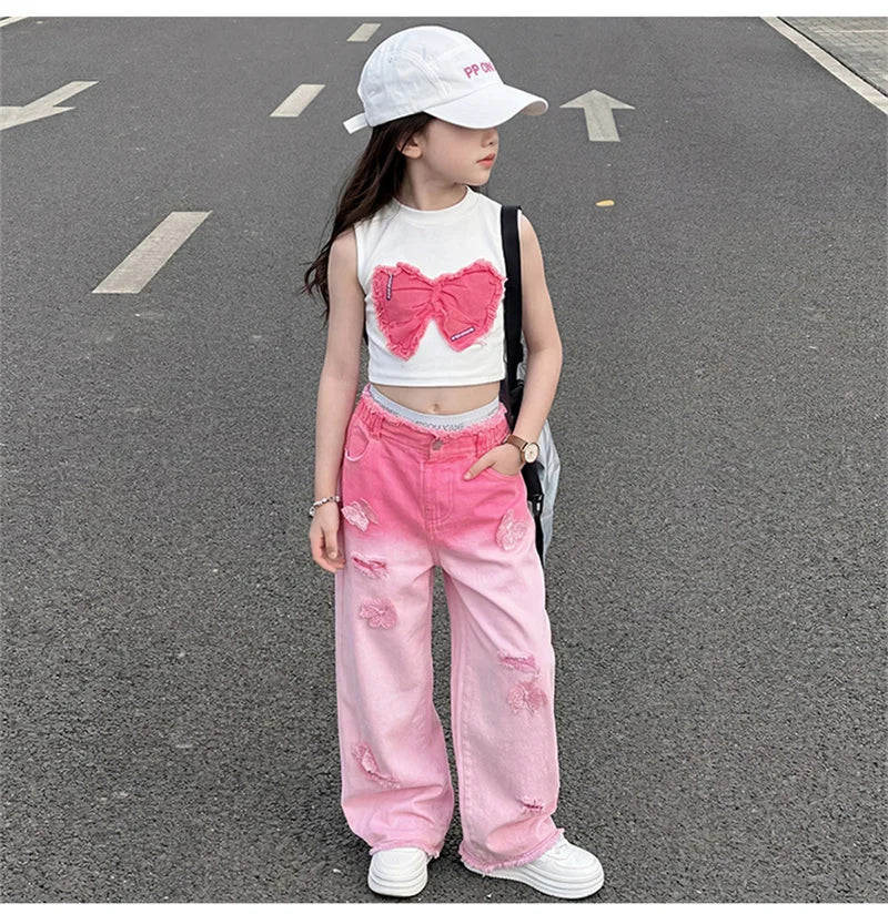 Teenage Girls Clothing Sets Hot Deals Bow Crop Top+Hole Wide Leg Jeans with Butterfly 2Pcs Fashion Gradient Child Clothes Suits
