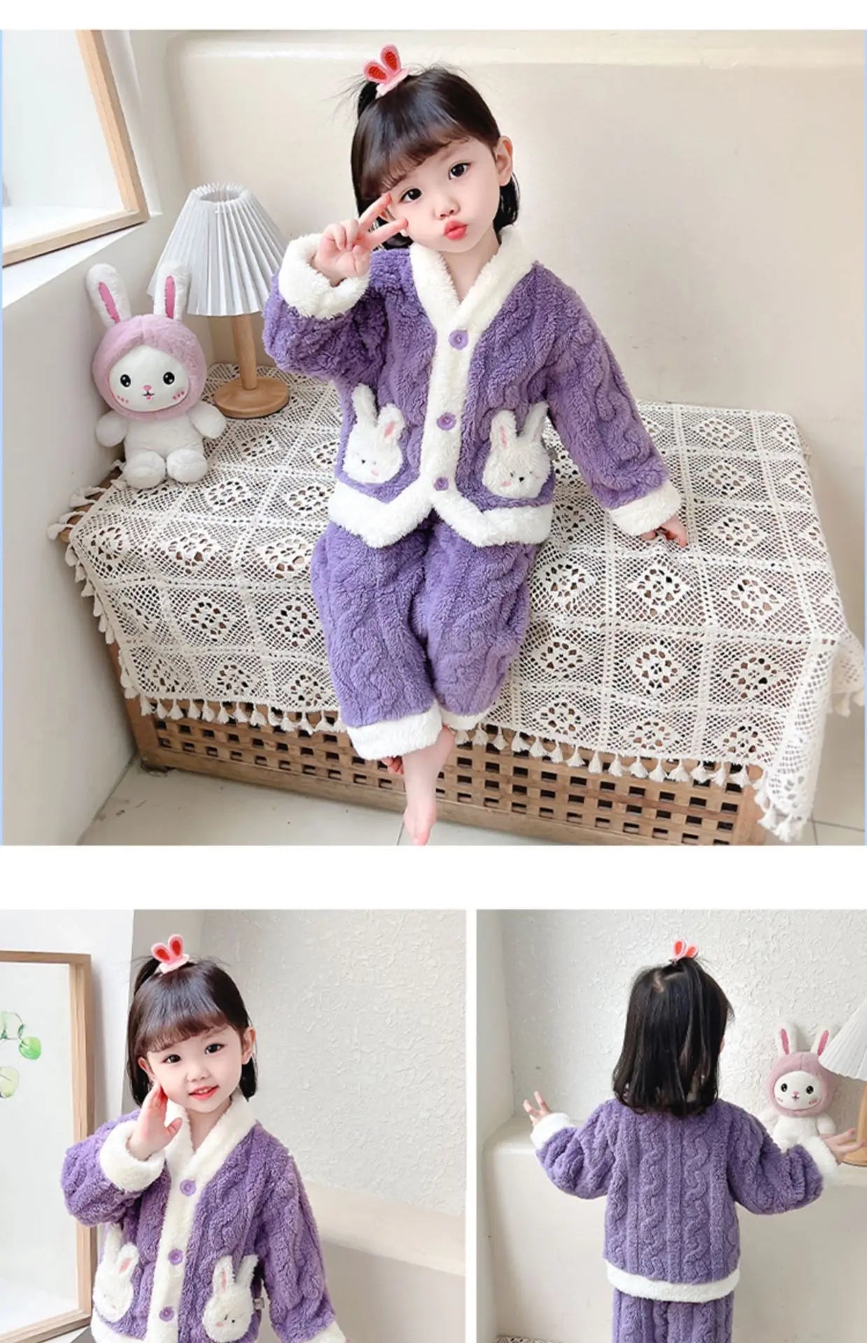 Pyjama Fille Flanelle Motif Lapin – Chaud Kawaii Automne Hiver 90-130cm