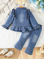 2Pcs Toddler Girl Denim Set, Ruffle Bow Cropped Jacket Flared Jeans Outfit 1-2Y