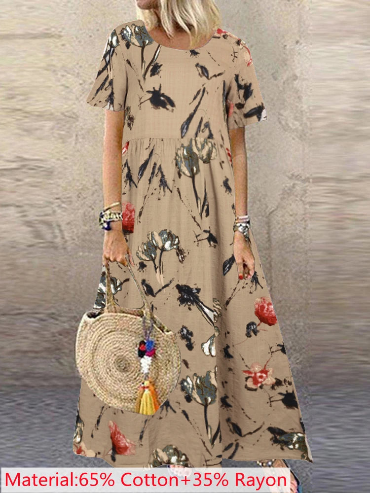 2025 ZANZEA Bohemian Holiday Sundress Summer Women Vintage Floral Printed Short Sleeve Beach Dress Loose Long Vestido Robe Femme