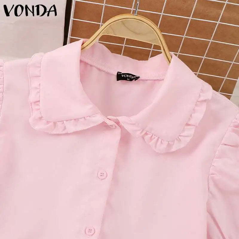 Women Elegant Shirts 2024 VONDA Fashion Summer Short Sleeve Tops Casual Solid Color Shirts Loose Lapel Neck Tunic Blusas Baggy