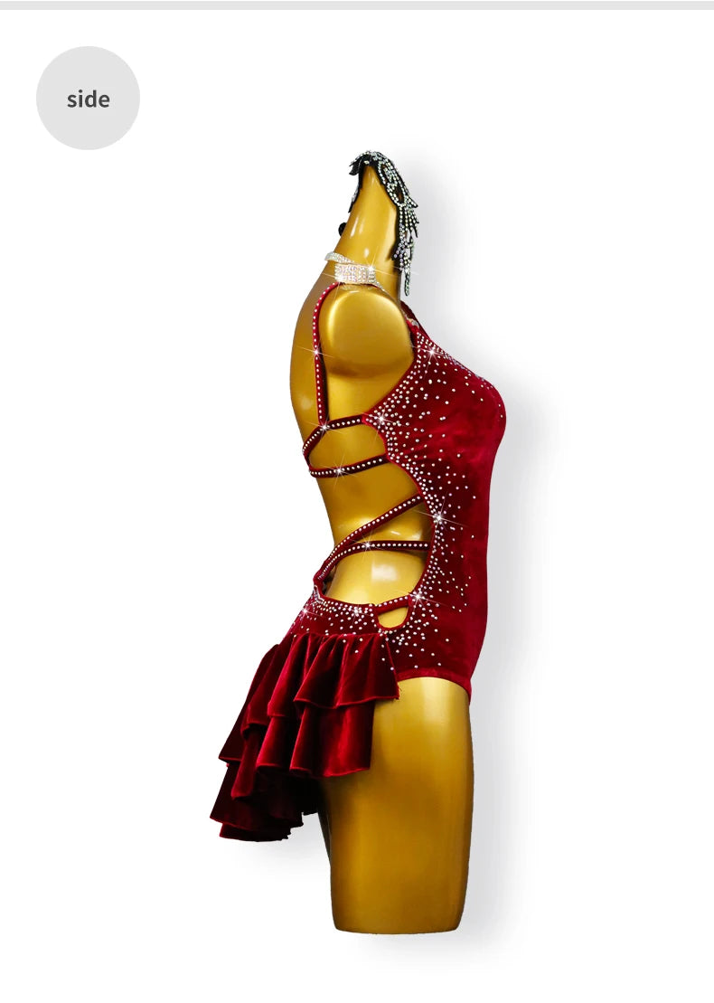 New Velvet Latin Dance Party Dress Sexy Adult Womens Short Skirt Ballroom Costume Cha-Cha Line Suit Girls Sport Party Customized