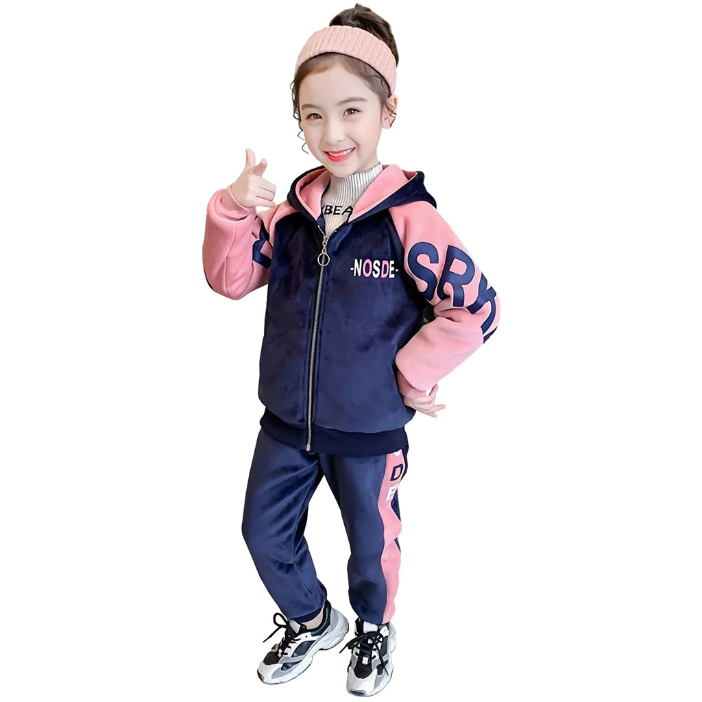 Kids Velvet Tracksuits,Cotton Jogging Suits,2-Piece Hooded Long Sleeve Sweatshirt + Pants Set,Girls Jacket,Casual Sports Wear