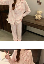 Pyjama femme rose à rayures et nœuds – Ensemble long