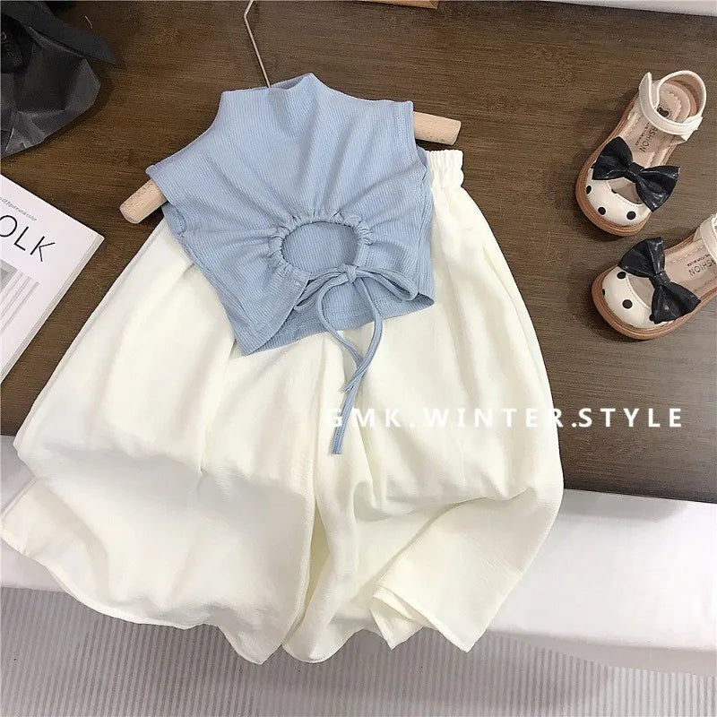 Children's Clothing sets 2-7 Years Backless Sleeveless T-Shirt & White Wide Leg Pants Summer Outfit Toddler Infant Clothing Set