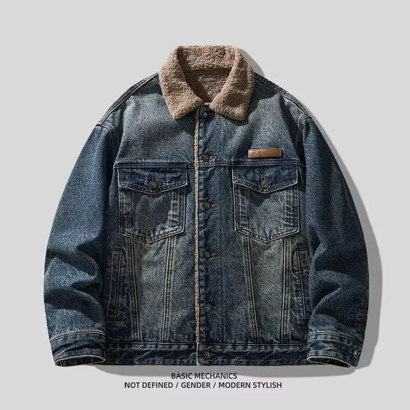 2026 Autumn and Winter Men's New Denim Jacket Fleece Thickened Retro Loose Casual Jacket