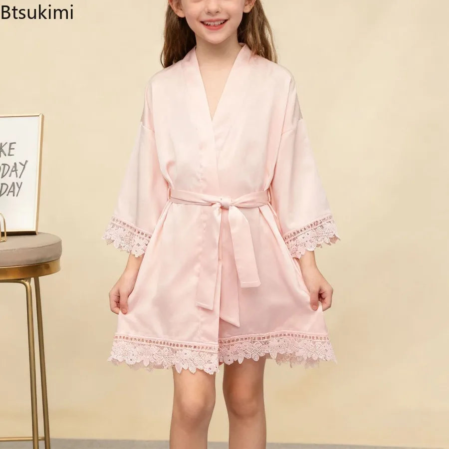 Children's Ice Silk Pajama Robe Solid Color Matte Lace Morning Robe Pajama Smooth Soft Comfortable Casual Child Sleeping Robe